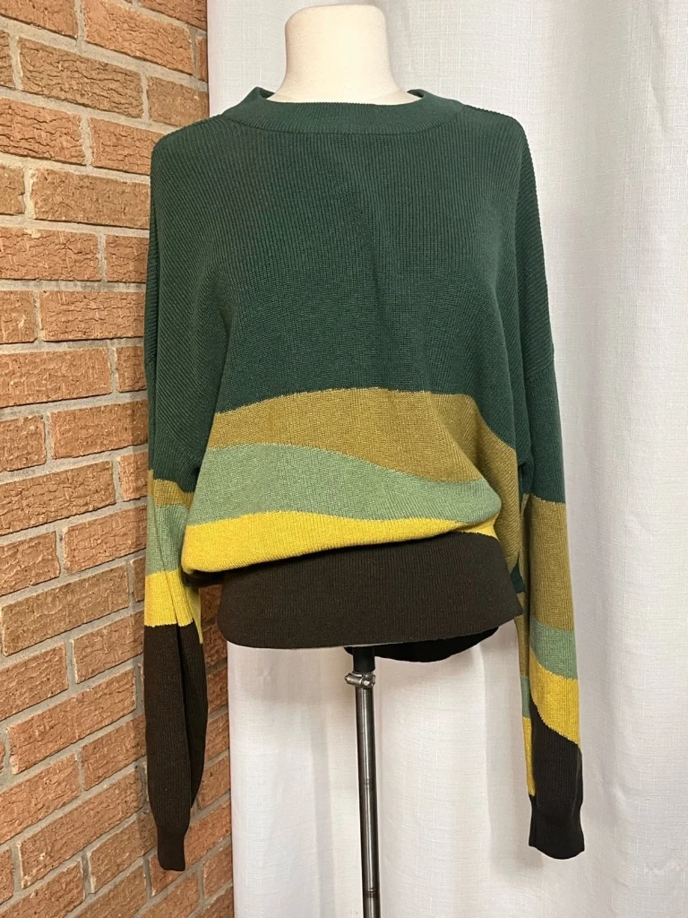 prAna Colorblock Sweater XL Green Yellow Oversized Knit Boho Casual